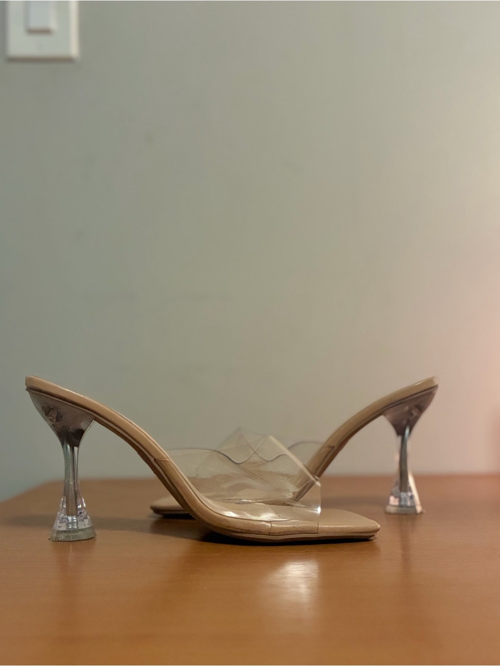 Clear Strap Nude Mule Heels